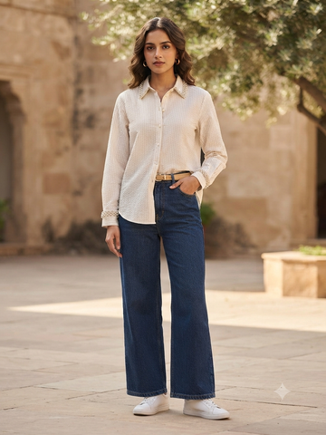 BEIGE STRIPED SHIRT WITH EMBROIDERED COLLAR AND CUFFS BESU INDIA