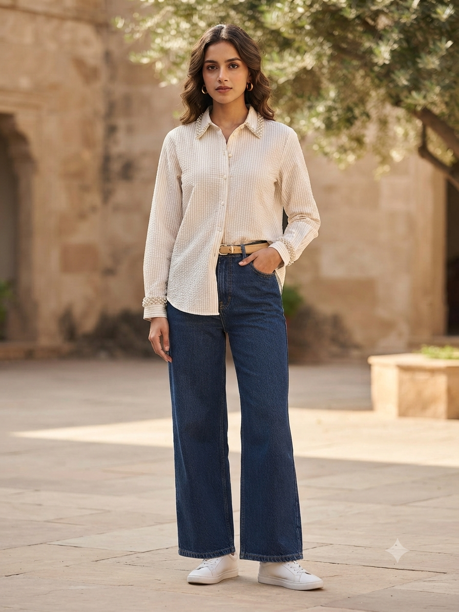 BEIGE STRIPED SHIRT WITH EMBROIDERED COLLAR AND CUFFS BESU INDIA