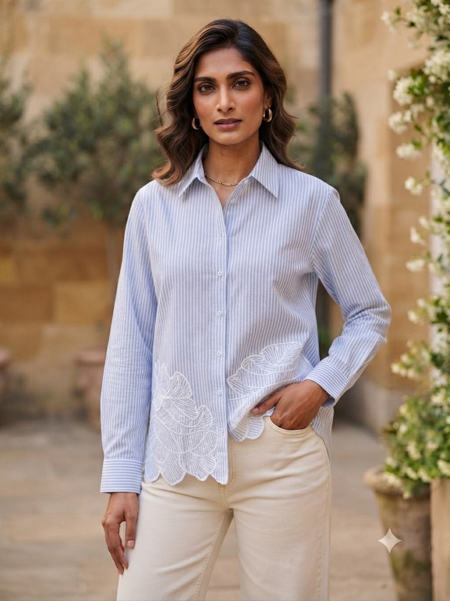 LIGHT BLUE STRIPED CUTWORK SHIRT BESU INDIA