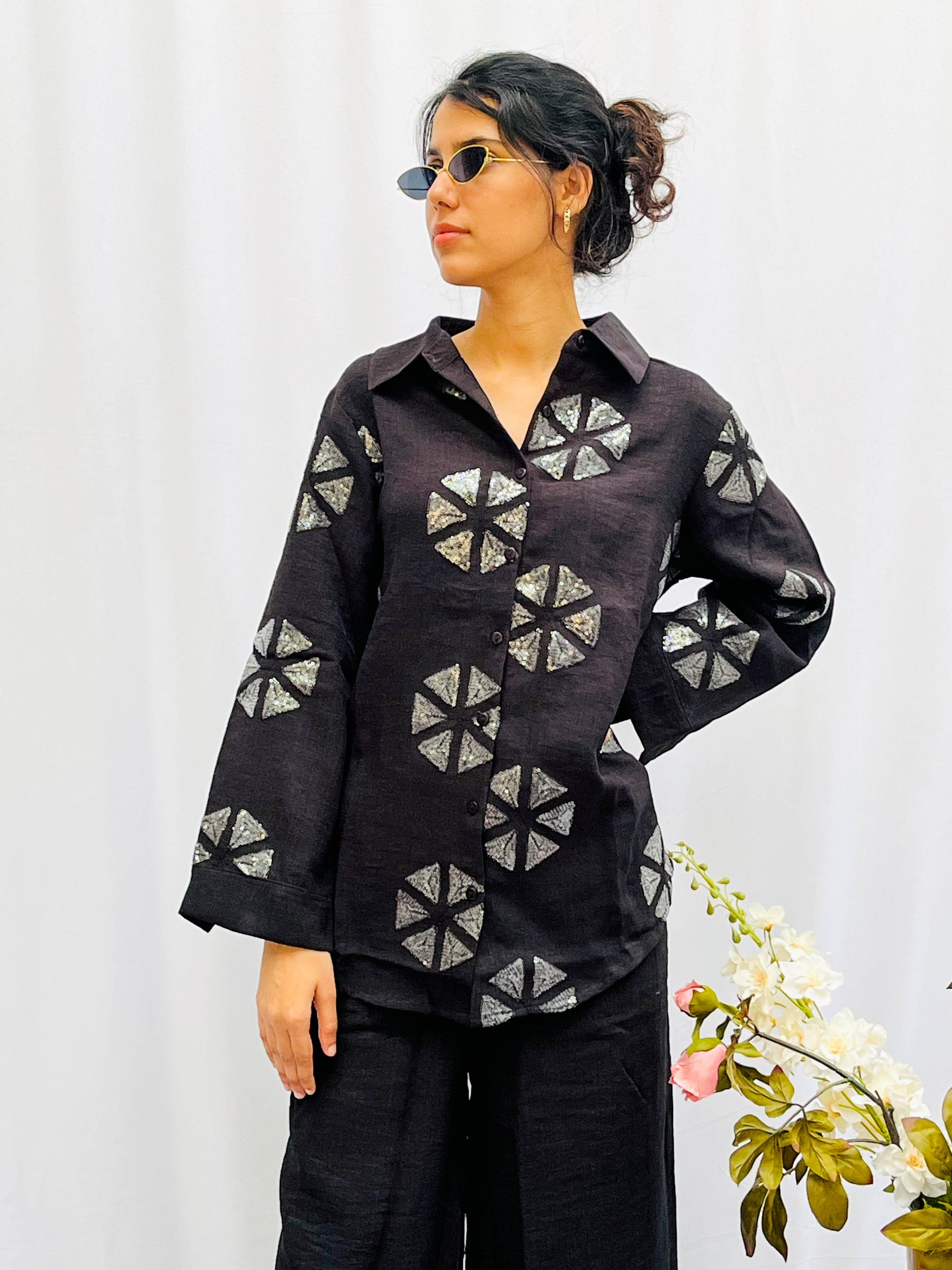 BLACK SEQUINS PATCH WORKED LINEN CO-ORD BESU INDIA