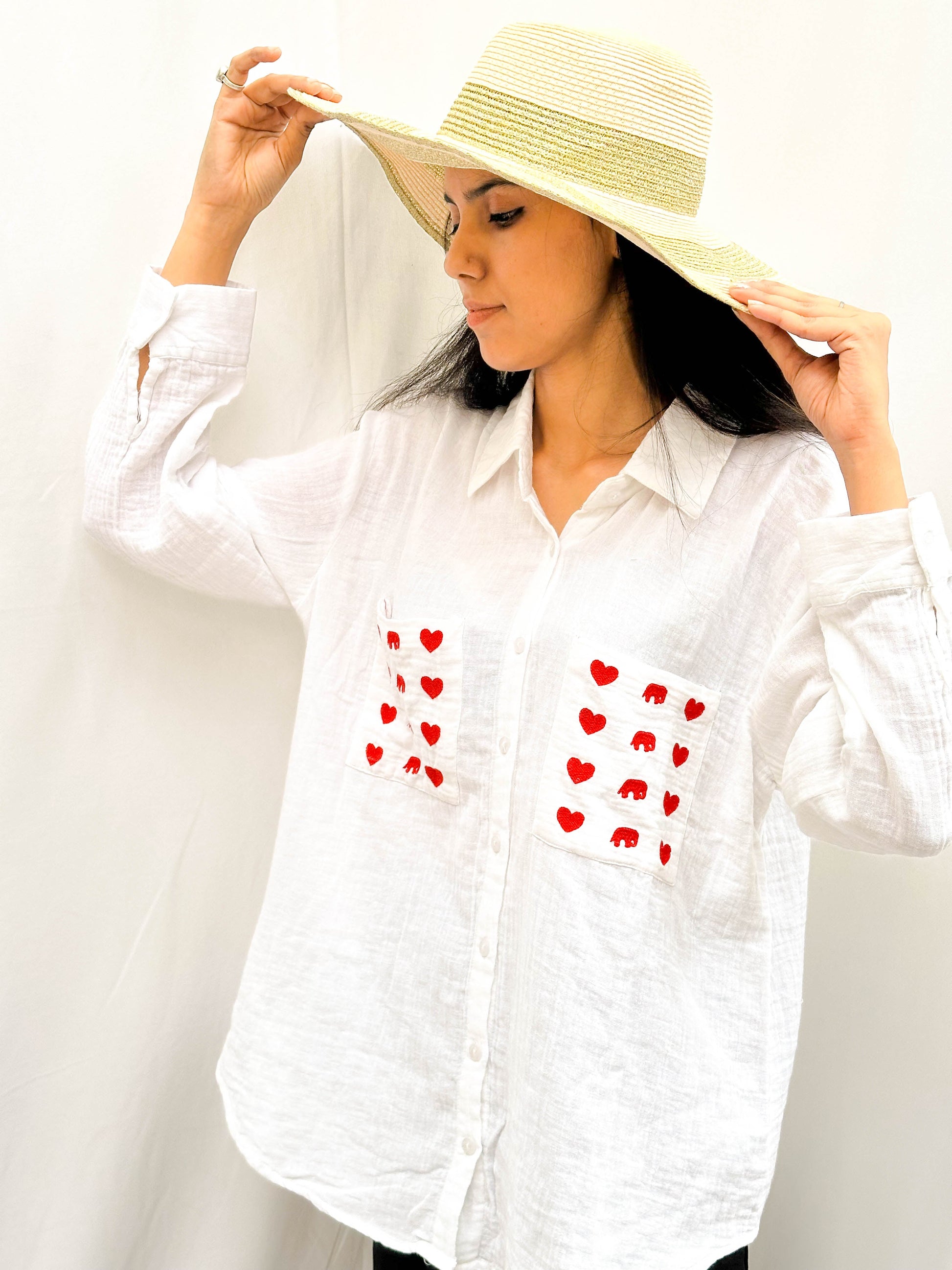 WHITE LINEN SHIRT WITH HEART PRINT POCKETS BESU INDIA