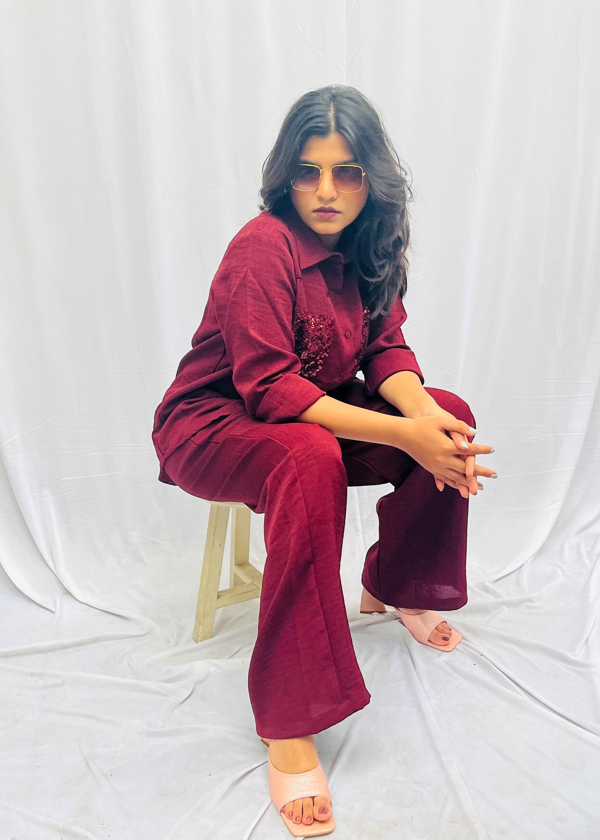 WINE RED LINEN CO-ORDS WITH SEQUINS POCKETS BESU INDIA