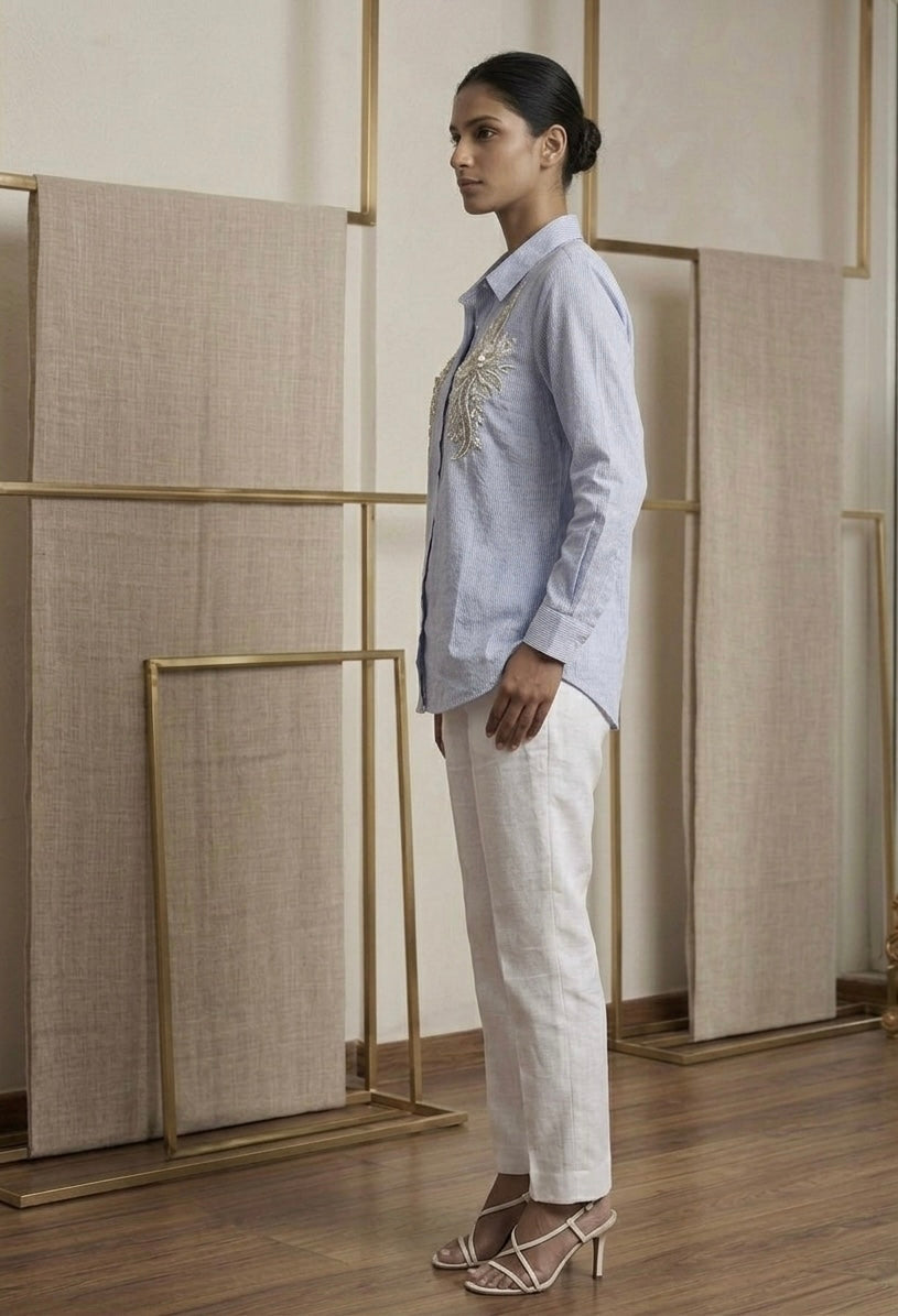 PERIWINKLE BLUE FLORAL EMBROIDERED SHIRT BESU INDIA