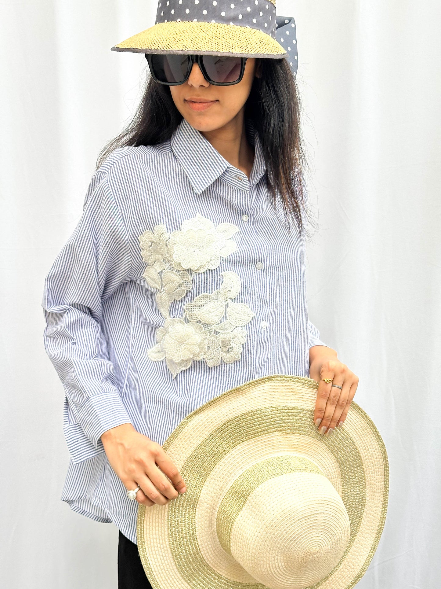 BLUE STRIPED SKIRT WITH PEARL PATCHWORK BESU INDIA