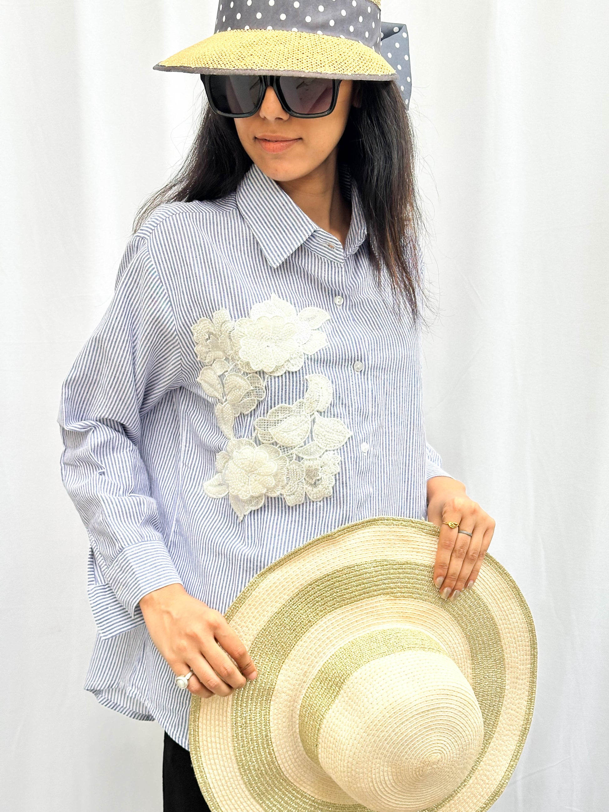 BLUE STRIPED SKIRT WITH PEARL PATCHWORK BESU INDIA