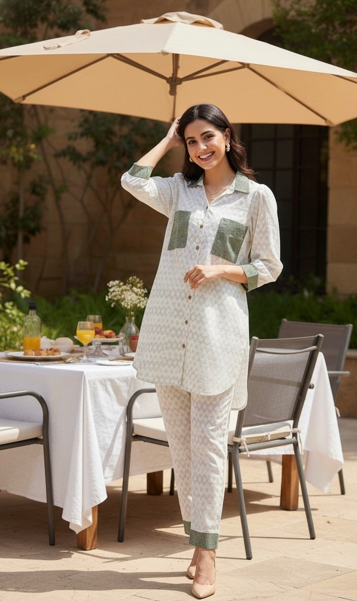 SILVER PATTERN PRINT KURTA CO-ORD SET BESU INDIA