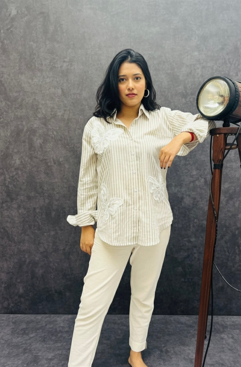 CREAM STRIPED SHIRT WITH BUTTERFLY PATCHWORK BESU INDIA