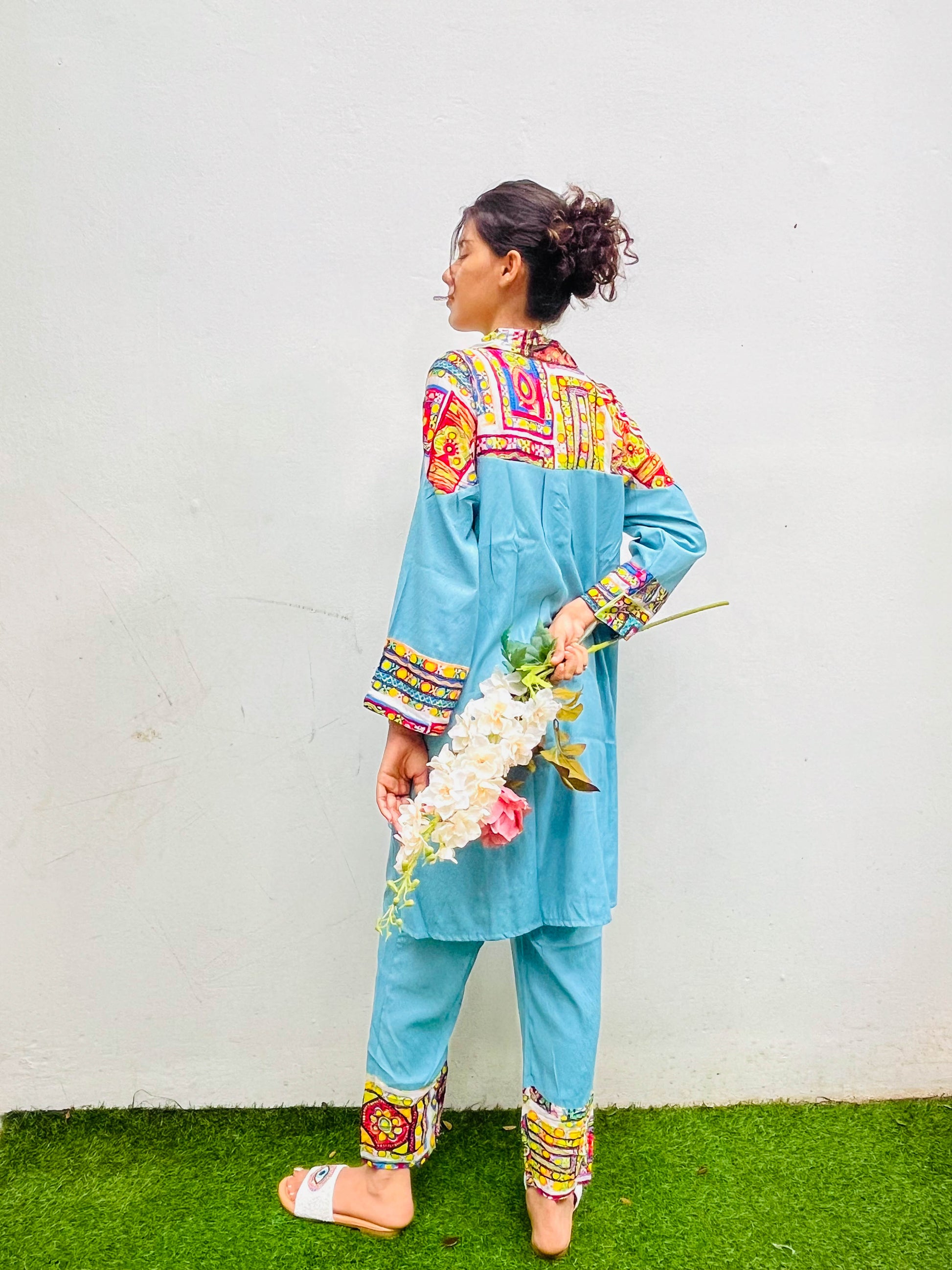 BLUE PATCH WORKED COTTON CO-ORD / KURTA SET BESU INDIA