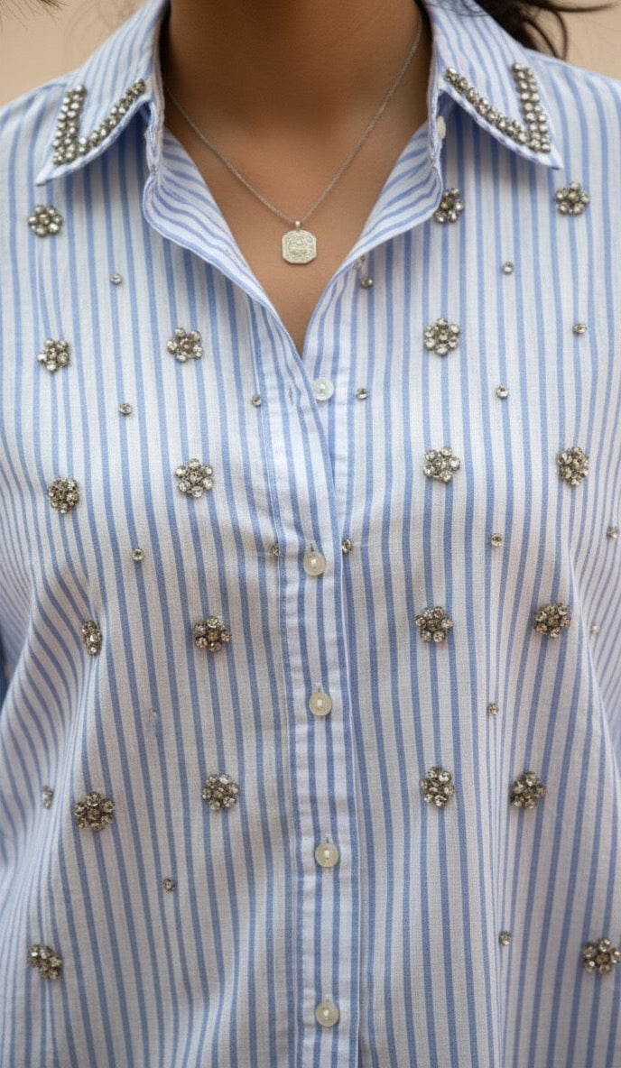 BLUE AND WHITE STRIPED STUDDED COTTON SHIRT BESU INDIA