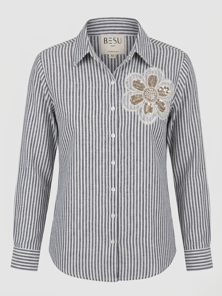 GREY AND WHITE STRIPED SHIRT WITH FLORAL DETAIL BESU INDIA