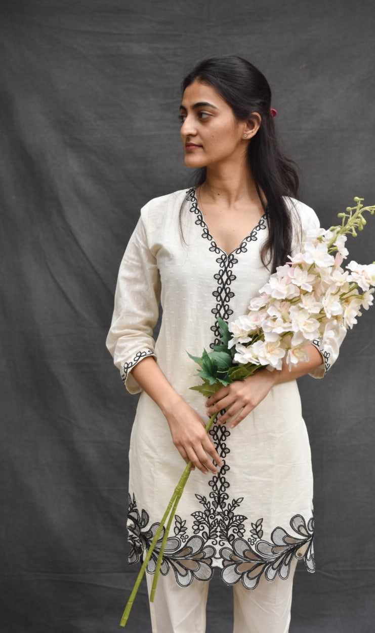 OFF WHITE COTTON KURTA SET WITH BLACK THREAD WORK AND CUT WORK BESU INDIA