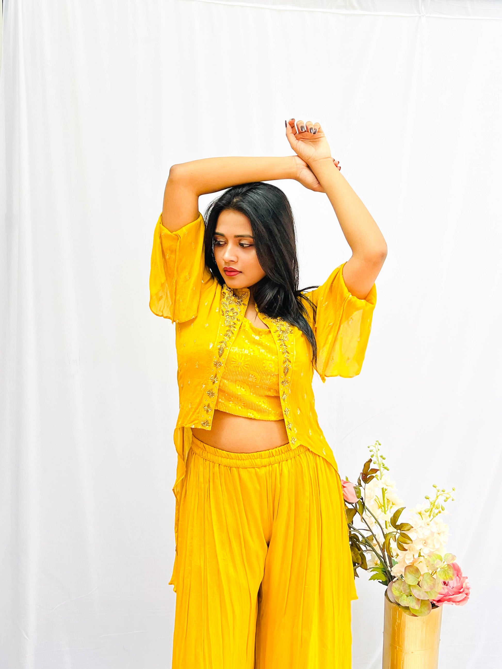 YELLOW EMBROIDERED CAPE SET BESU INDIA