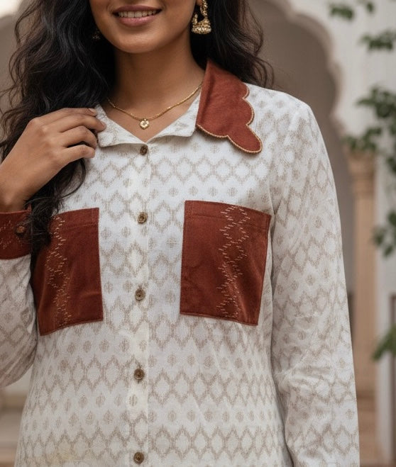 GOLD GEOMETRIC PRINT KURTA CO-ORD SET WITH RUST POCKETS BESU INDIA