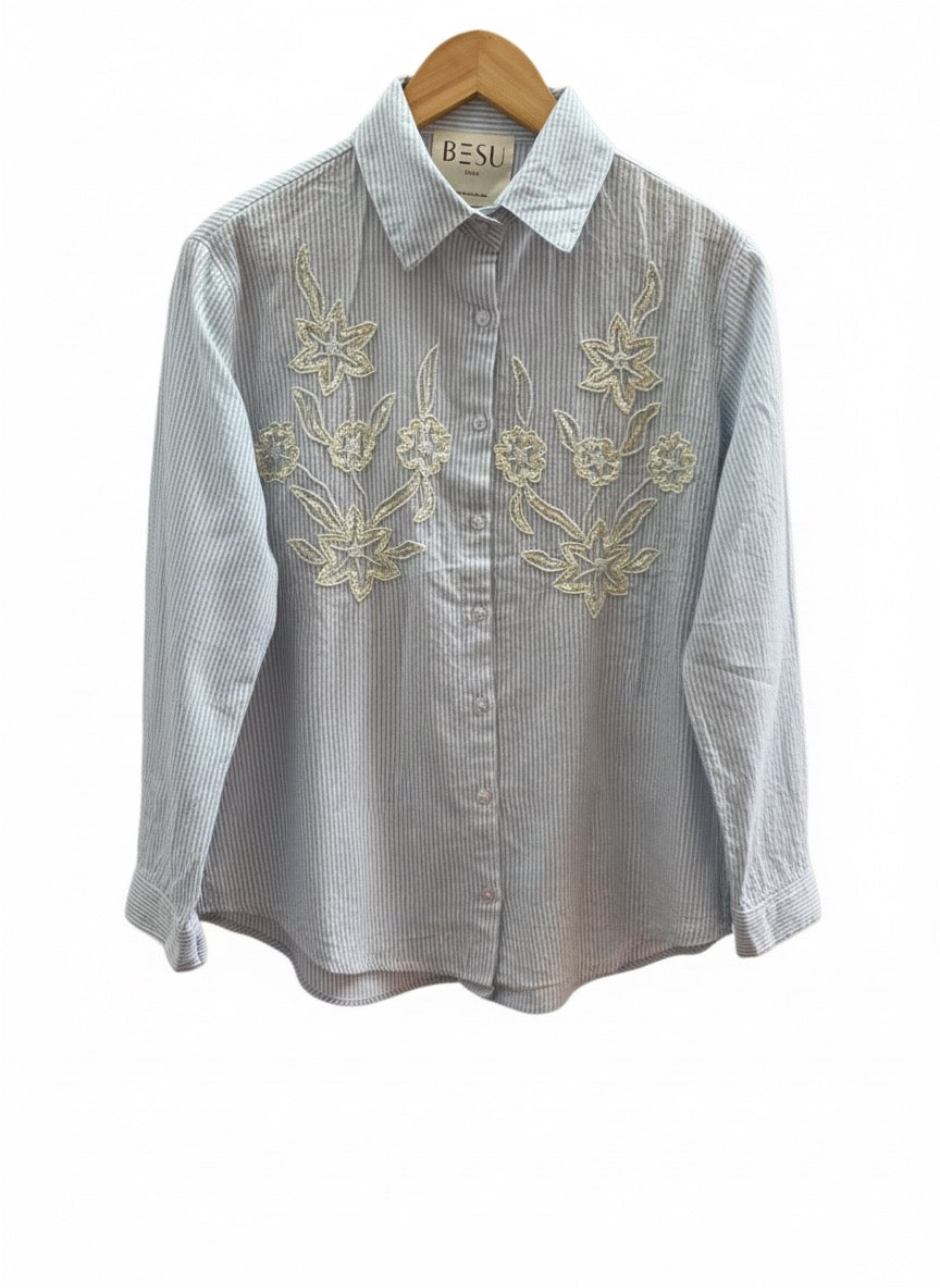 LIGHT BLUE STRIPED AHIRT WITH SEQUINS EMBROIDERY BESU INDIA