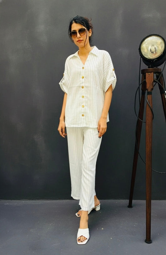 BLACK ON WHITE STRIPED LINEN CO-ORD BESU INDIA