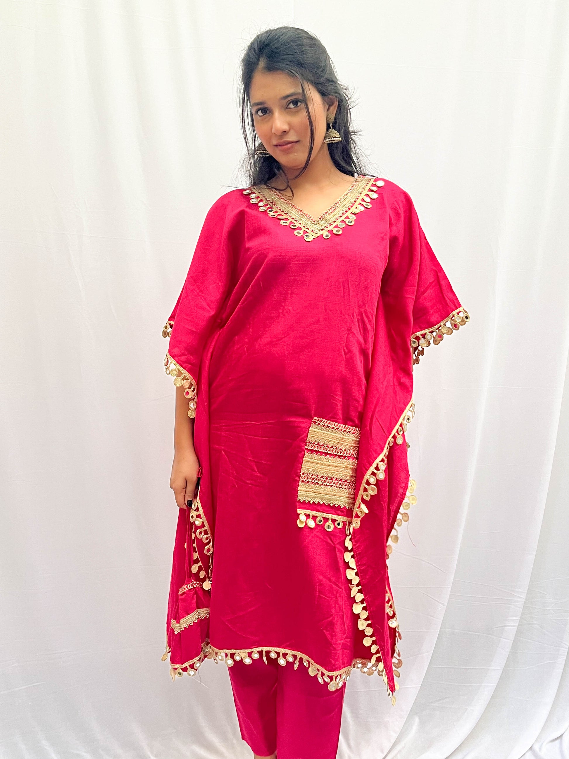 PINK MIRROR WORK KHAFTAN WITH STRAIGHT PANTS AND BAG BESU INDIA