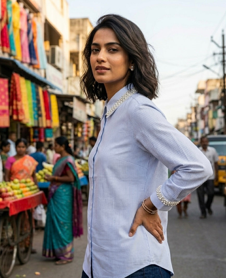 CLASSIC BLUE AND WHITE STRIPED SHIRT WITH PEARL ACCENTS BESU INDIA