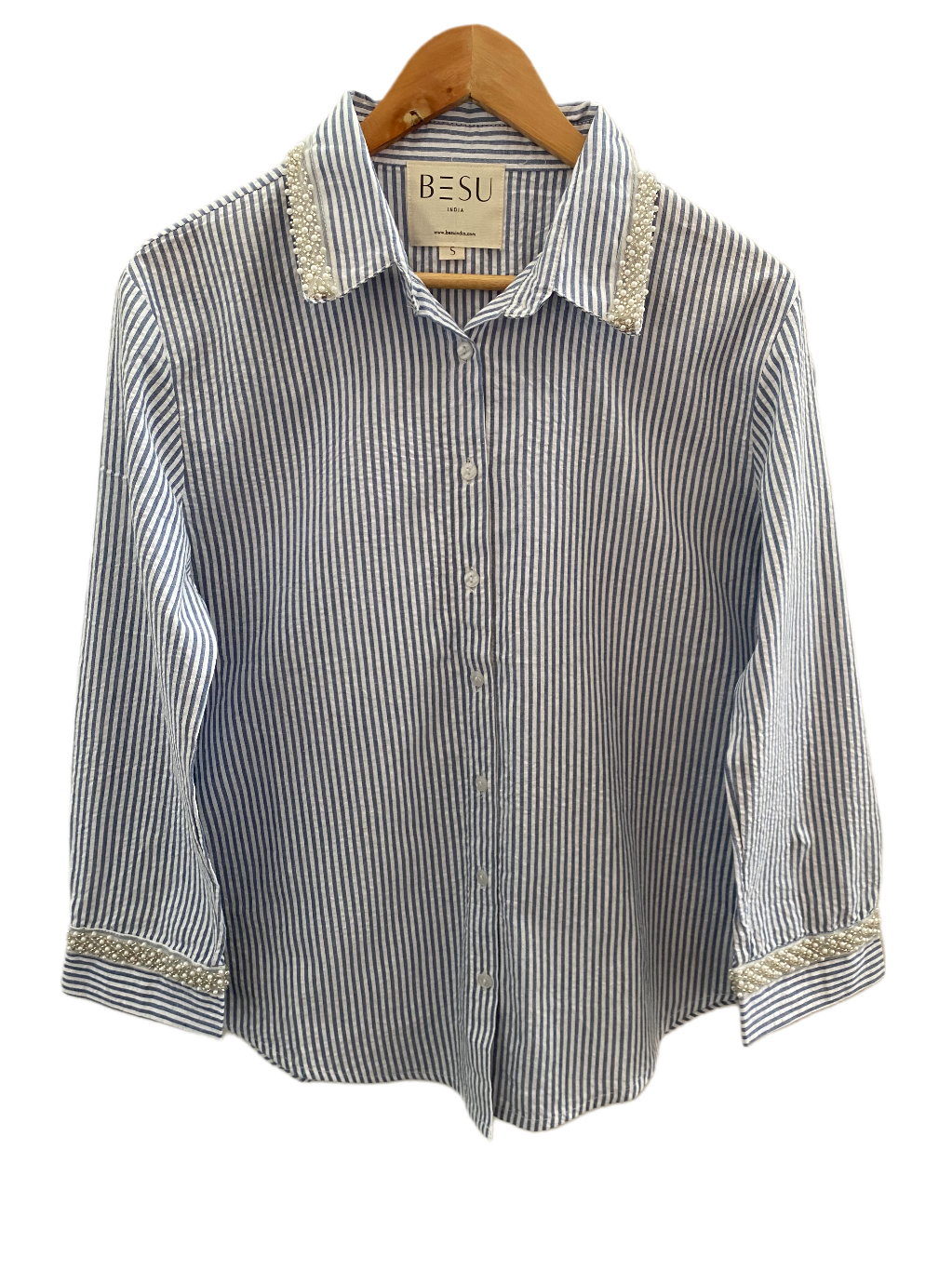 BLUE STRIPED SHIRT WITH EMBROIDERED COLLAR AND CUFFS BESU INDIA