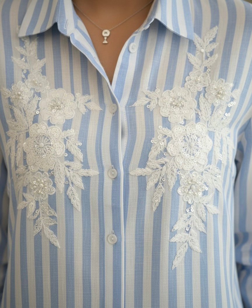 BLUE AND WHITE STRIPED SHIRT WITH SEQUINS EMBROIDERY BESU INDIA