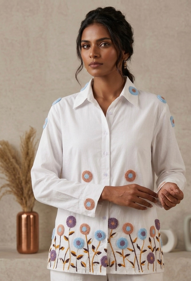 ARTISANAL BLOOM WHITE LINEN BLEND SHIRT BESU INDIA