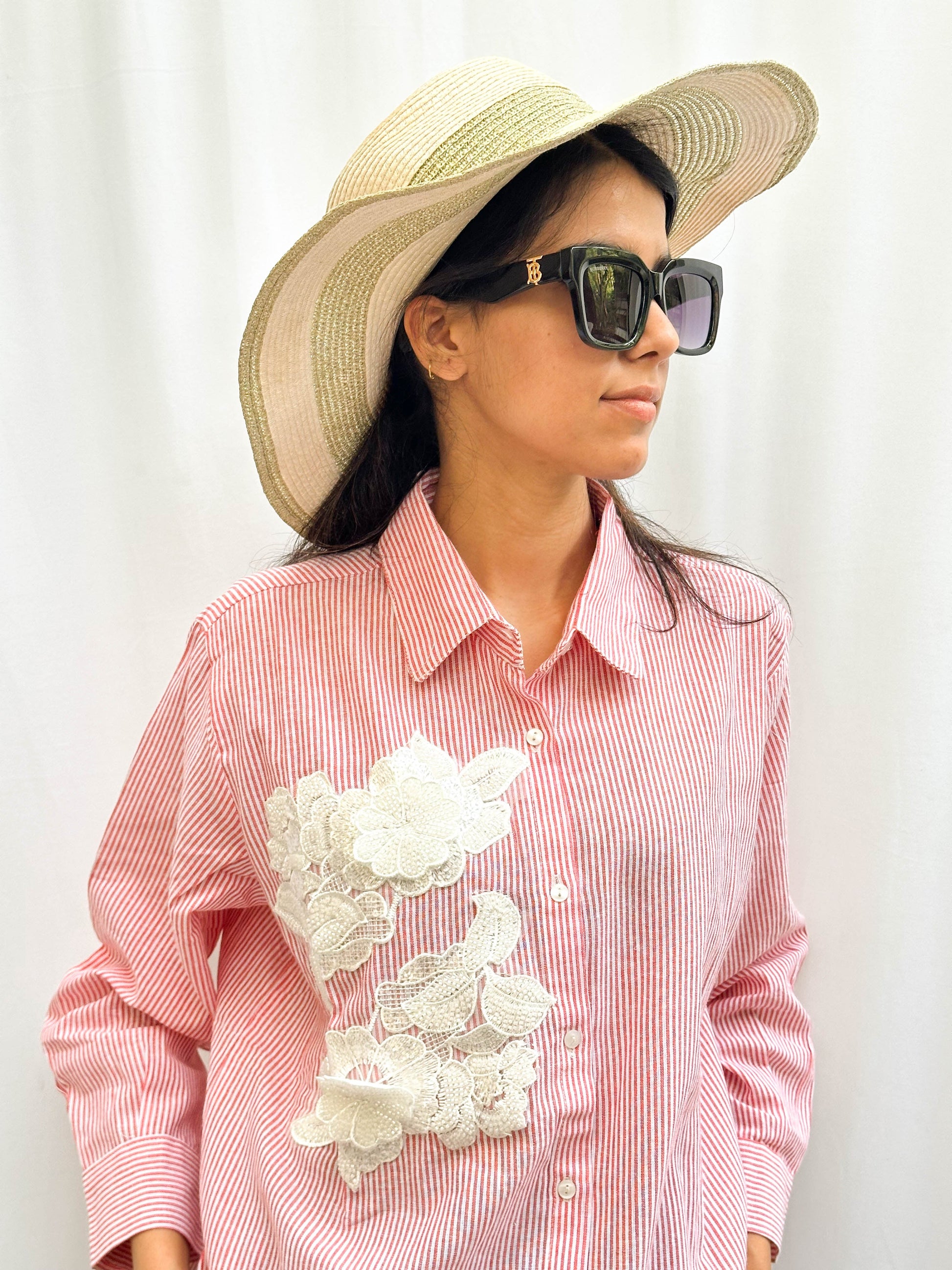 RED STRIPED COTTON SHIRT WITH PEARL EMBROIDERED PATCHWORK BESU INDIA