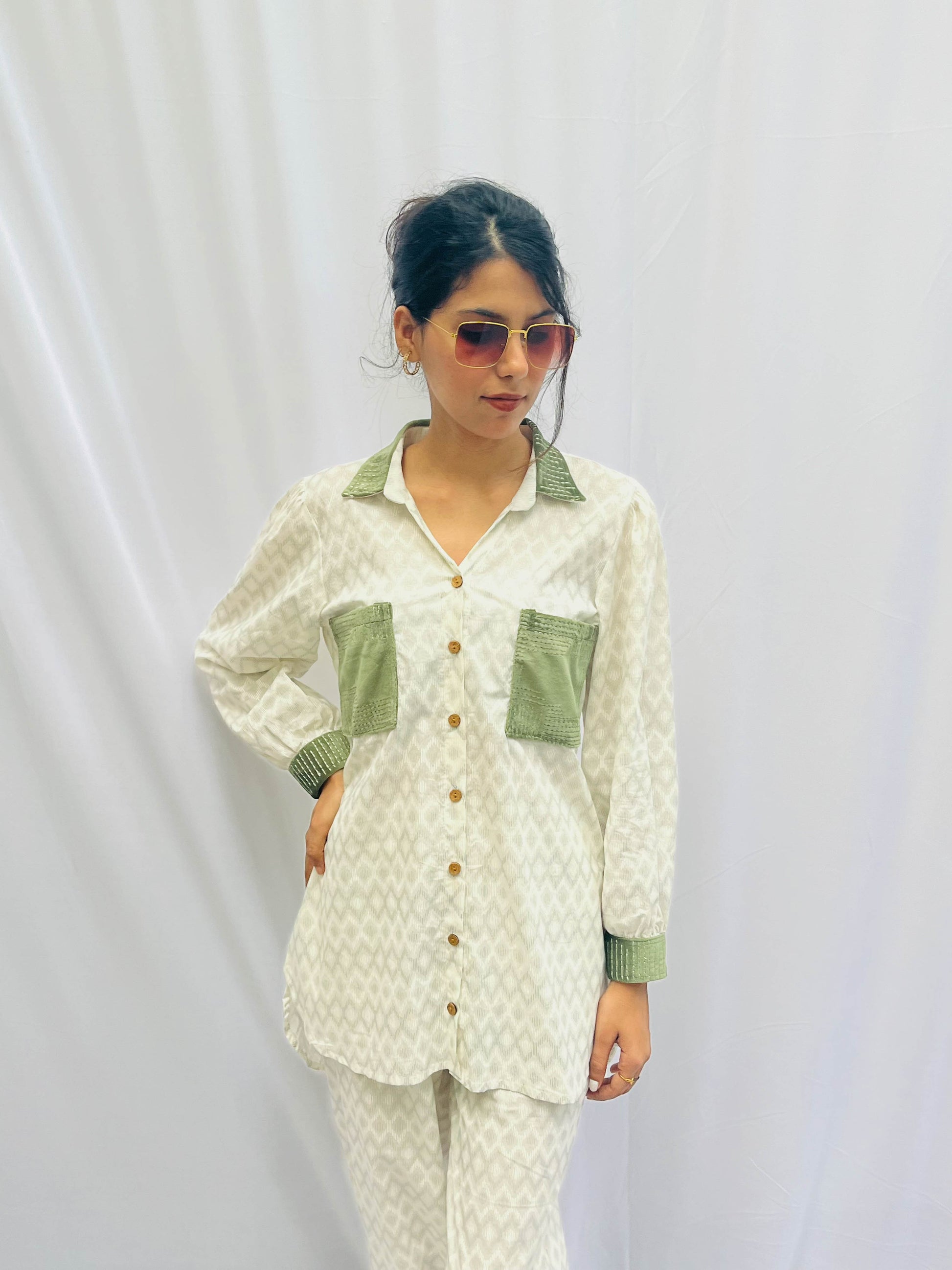 GREEN SUEDE PATCH WORKED - TEXTURED COTTON CO-ORD BESU INDIA