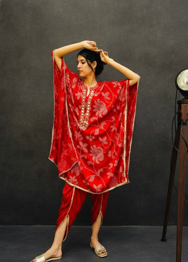 RED FLORAL PRINTED KAFTAN WITH TULIP PANTS BESU INDIA