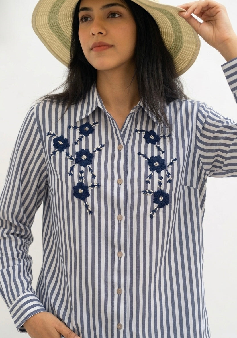 NAVY BLUE STRIPED SHIRT WITH FLORAL EMBROIDERY BESU INDIA