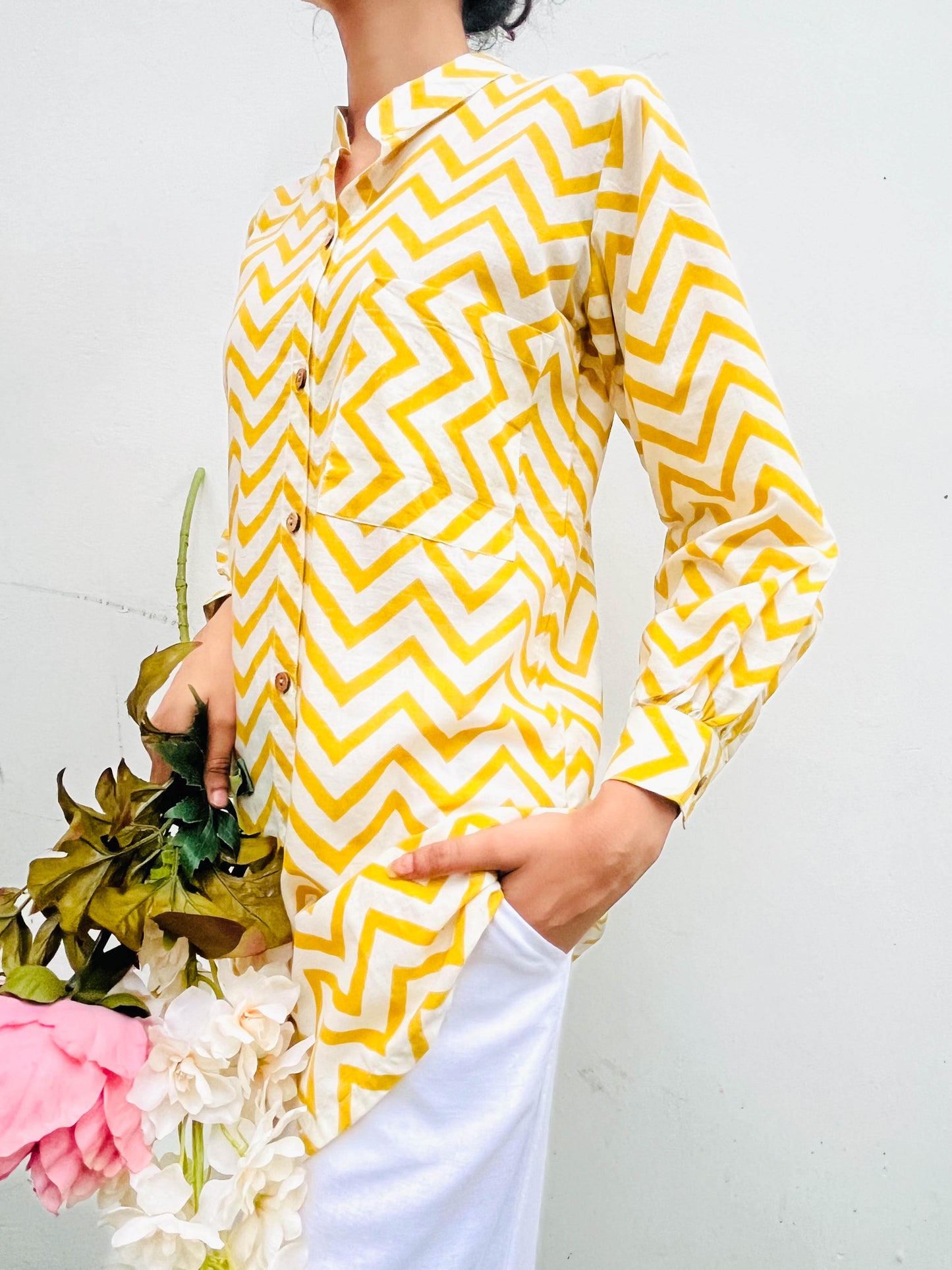 MUSTARD CHEVRON PRINT COTTON SHIRT / KURTA BESU INDIA
