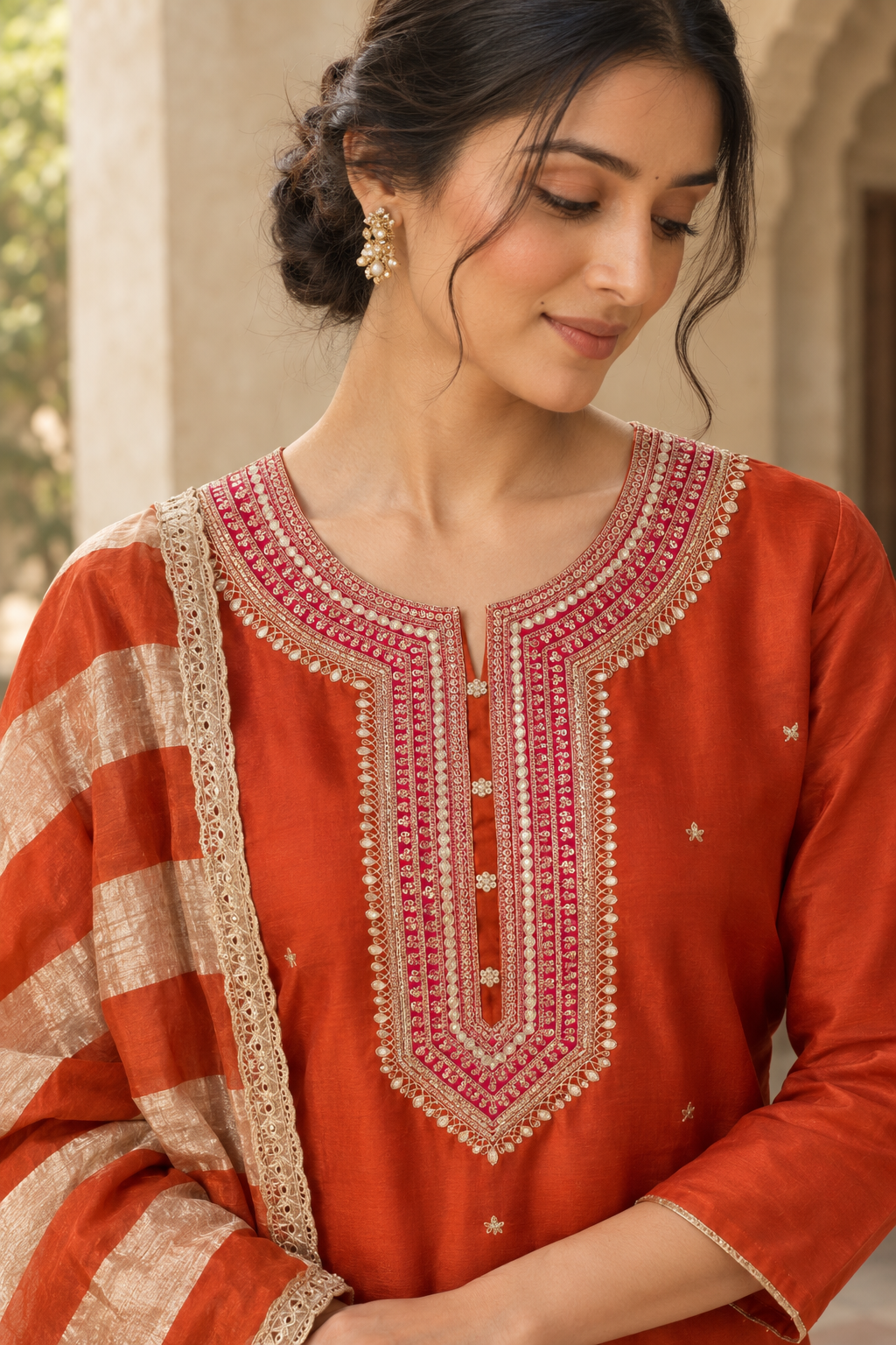 BURNT ORANGE SLIK-BLEND KURTA SET BESU INDIA