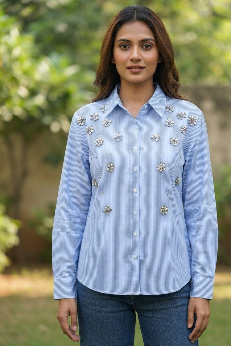 THE BLUE STRIPE SHIRT WITH STONE EMBELLISHMENTS BESU INDIA