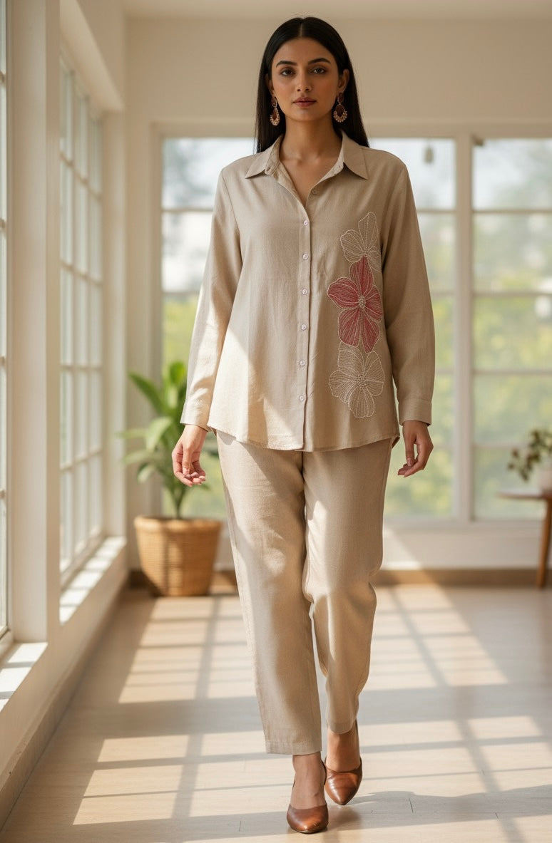 BEIGE LINEN THREAD  EMBROIDERED AND EMBELLISHED CO-ORDS BESU INDIA