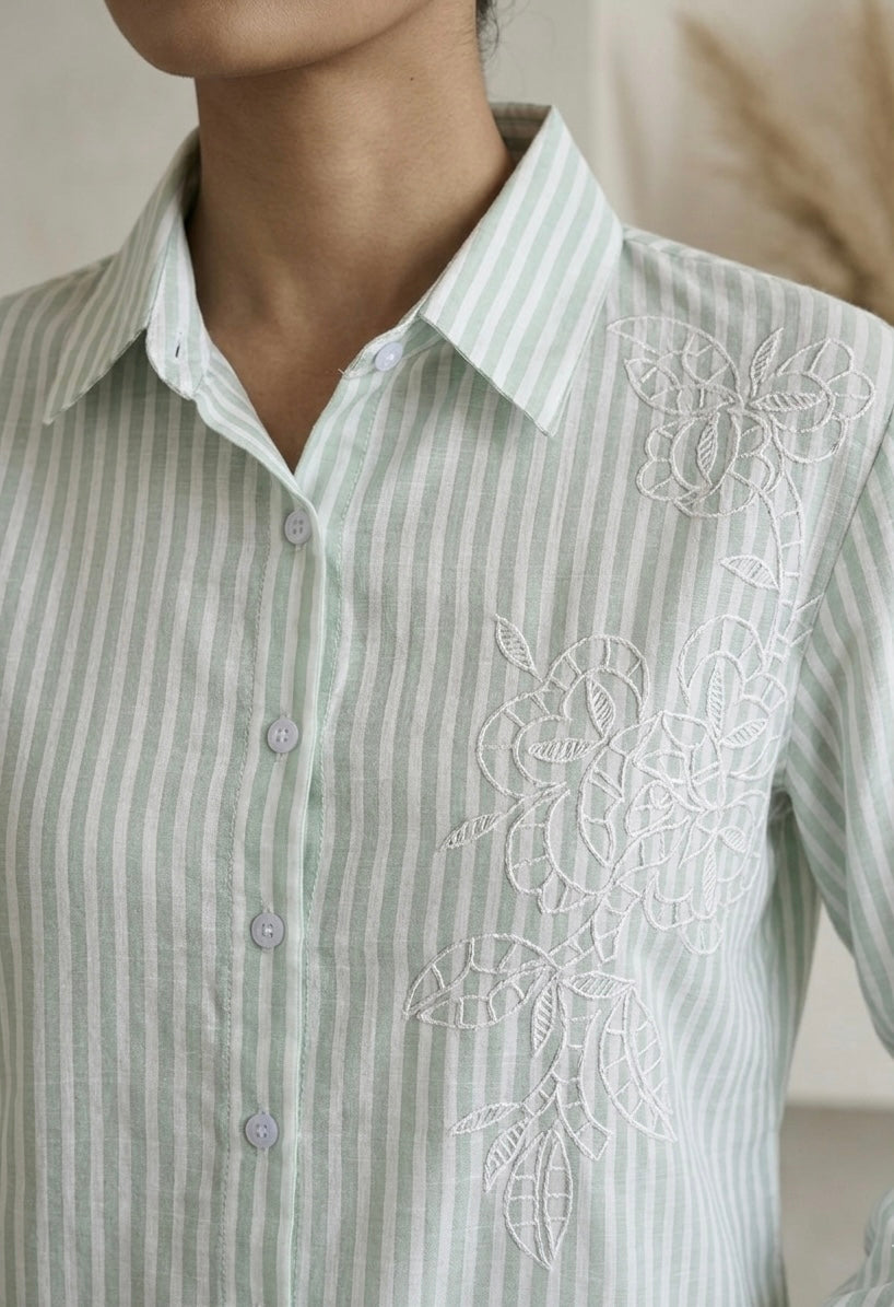 PASTEL GREEN STRIPED SHIRT WITH WHITE EMBROIDERY BESU INDIA
