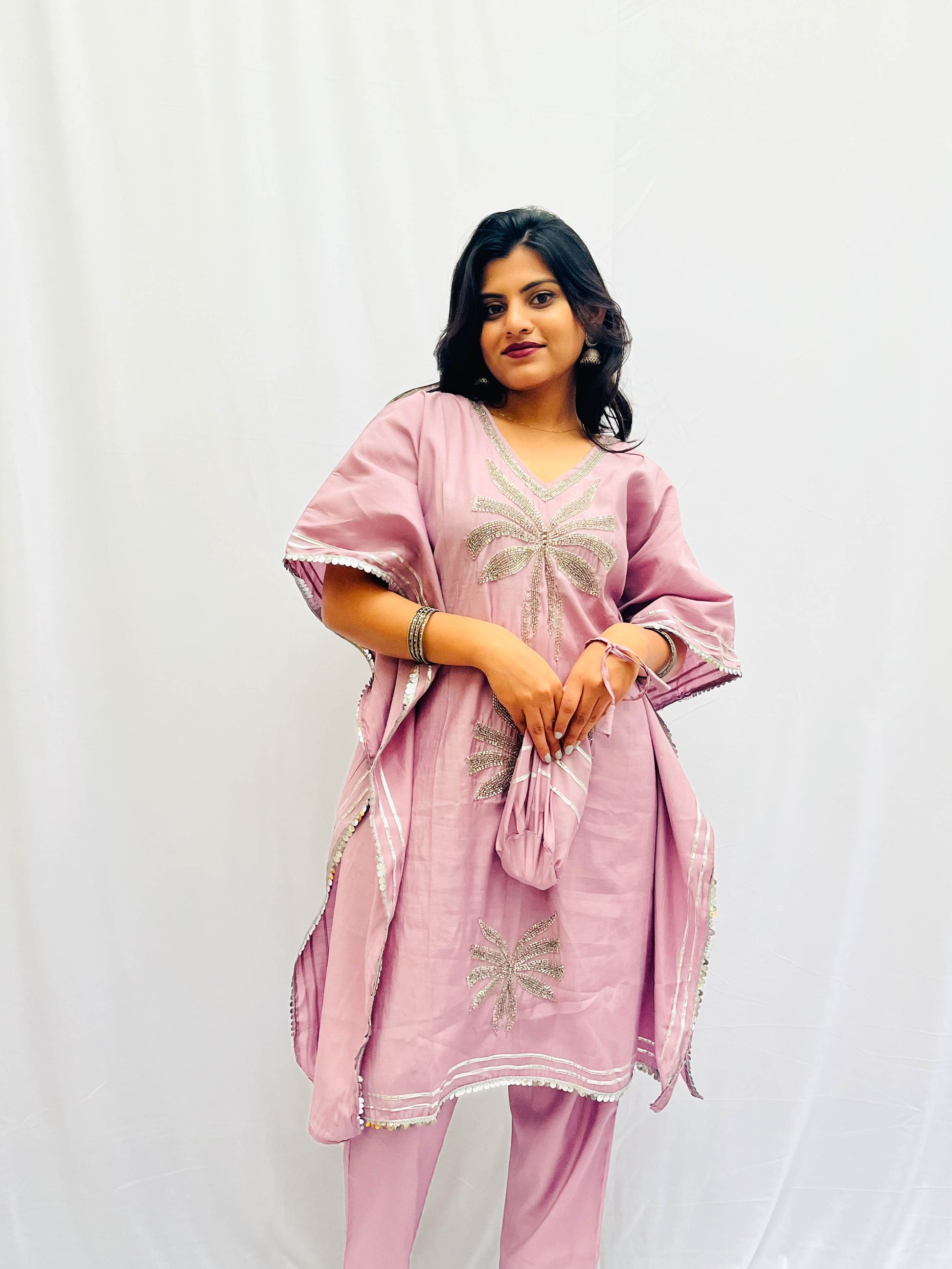 LAVENDER KHAFTAN SET WITH BAG BESU INDIA