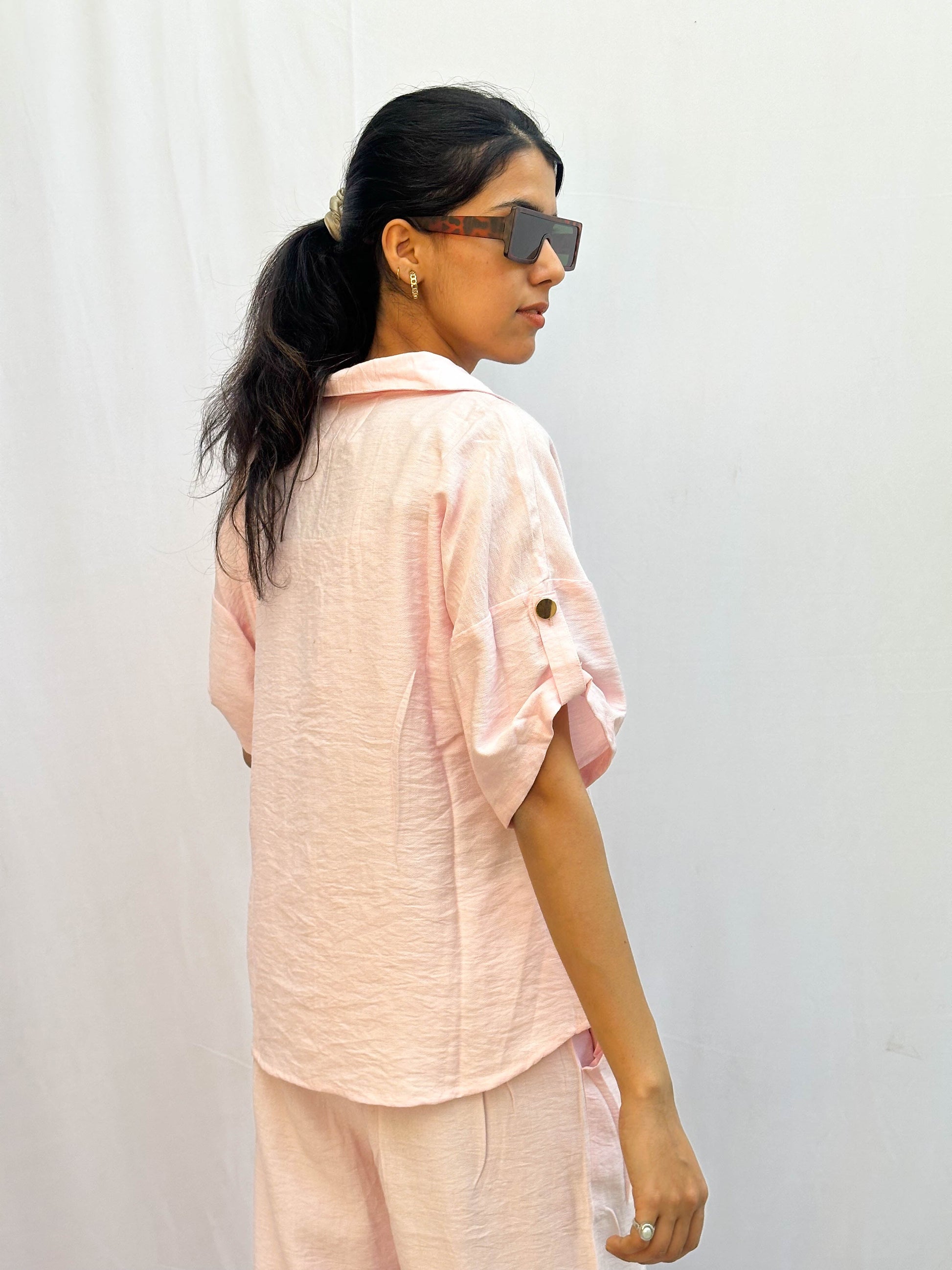BABY PINK CO-ORDS WITH GOLD BUTTONS BESU INDIA