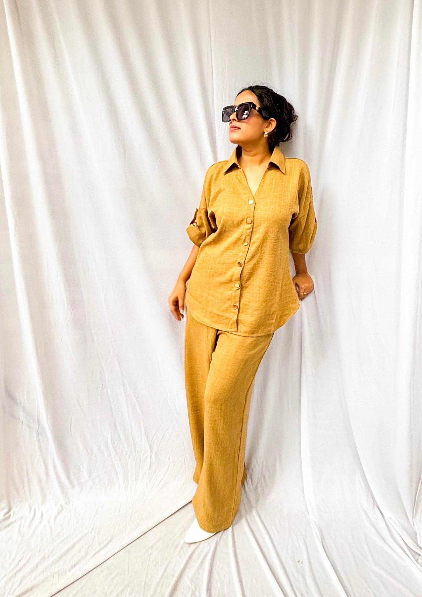 BROWN SOFT COTTON CO-ORDS WITH GOLD BUTTONS BESU INDIA