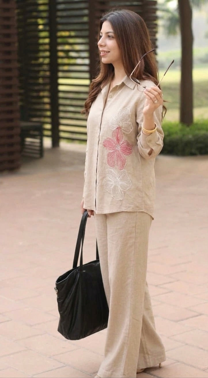 BEIGE LINEN THREAD  EMBROIDERED AND EMBELLISHED CO-ORDS BESU INDIA