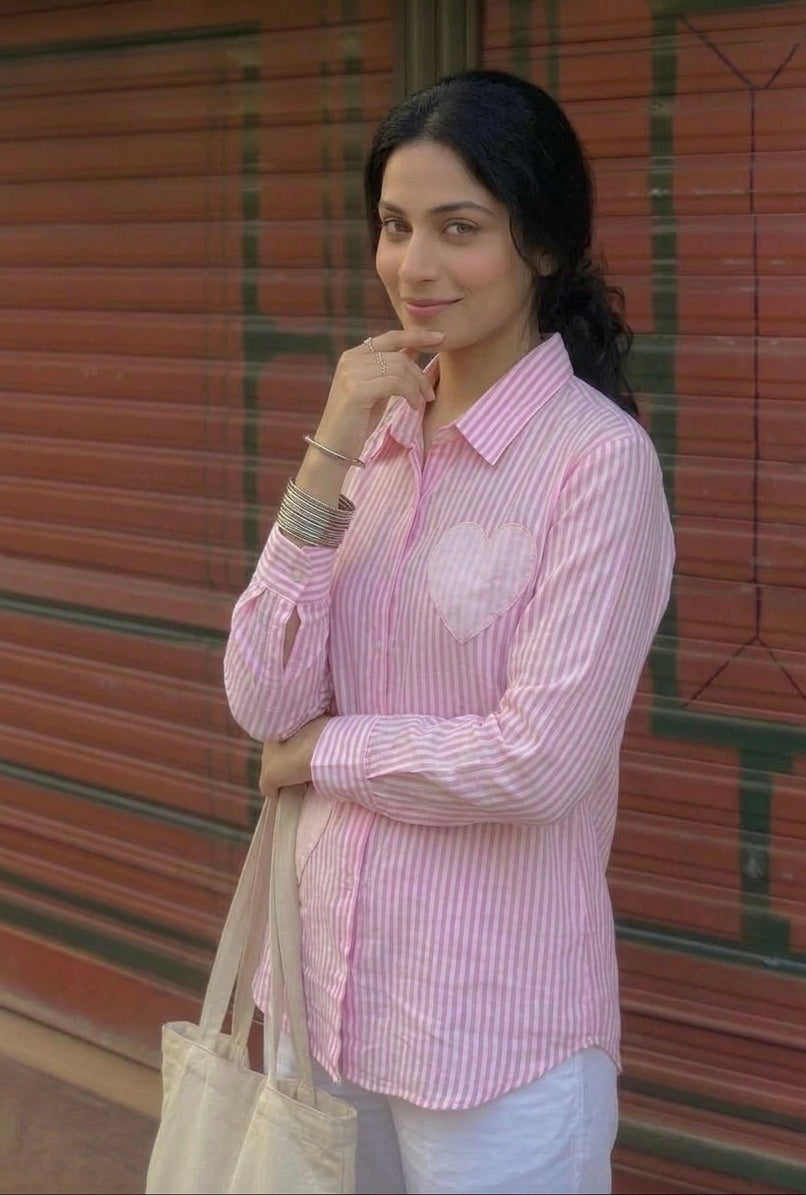 WHITE AND PINK STRIPED SHIRT WITH HEART PATCHWORK BESU INDIA