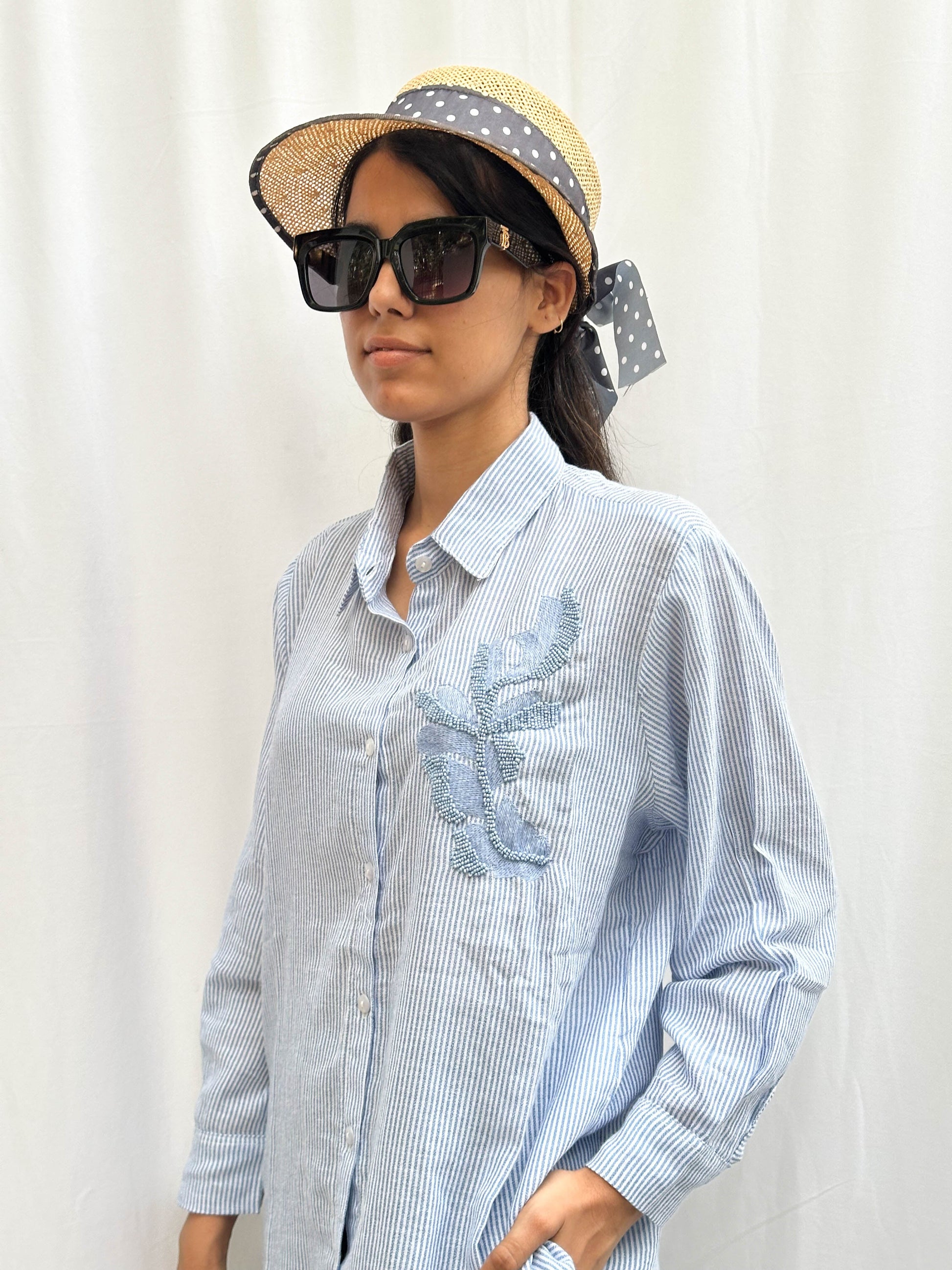 LIGHT BLUE COTTON SHIRT WITH EMBROIDERED PATCHWORK BESU INDIA