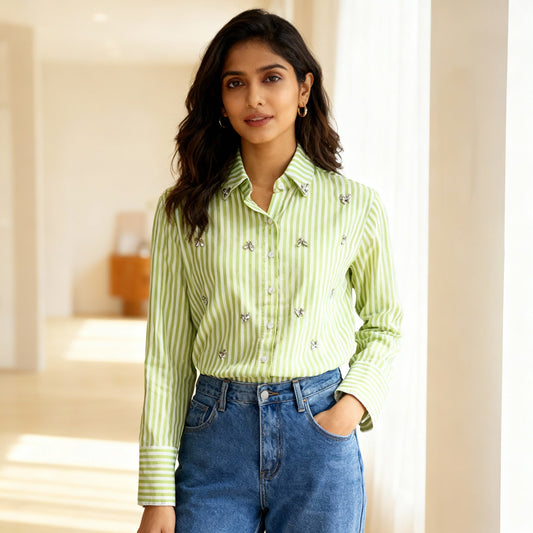 LIGHT GREEN STRIPED EMBELLISHED COTTON SHIRT BESU INDIA