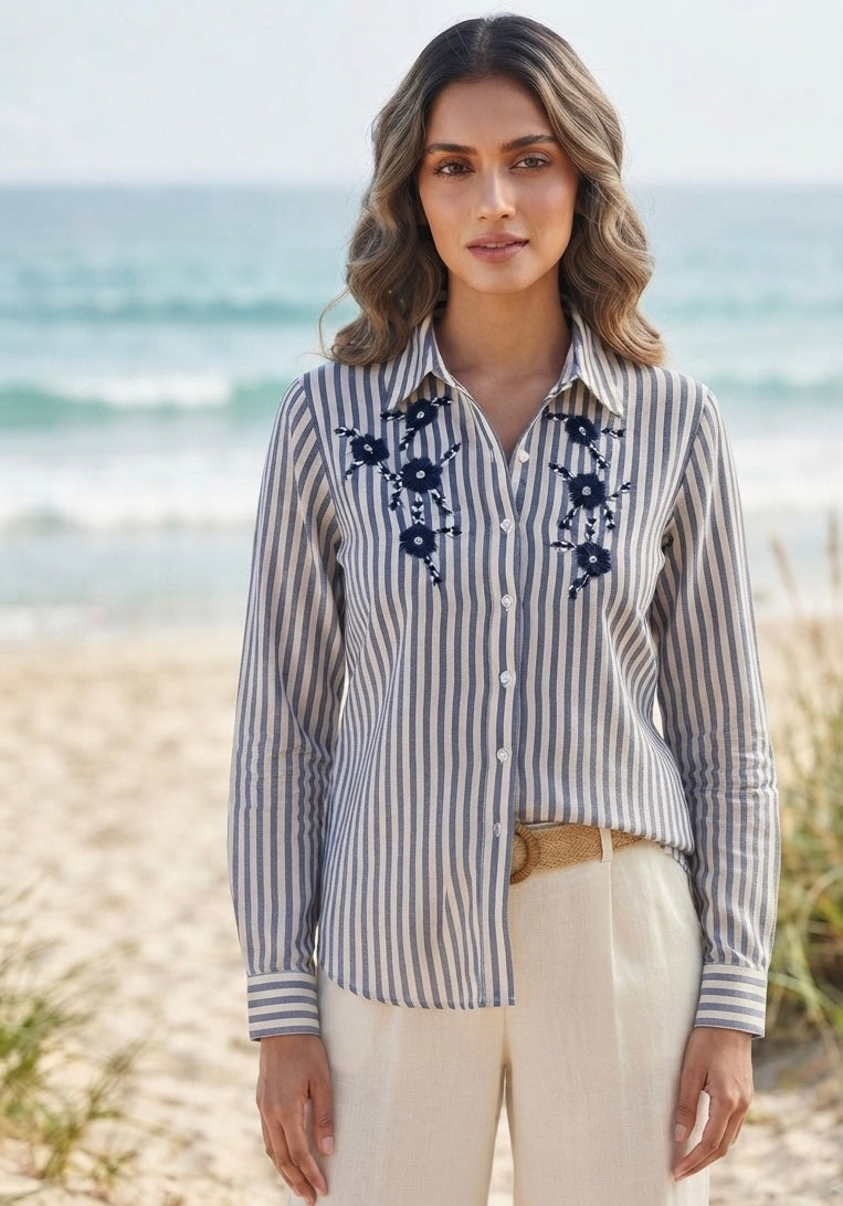 NAVY BLUE STRIPED SHIRT WITH FLORAL EMBROIDERY BESU INDIA
