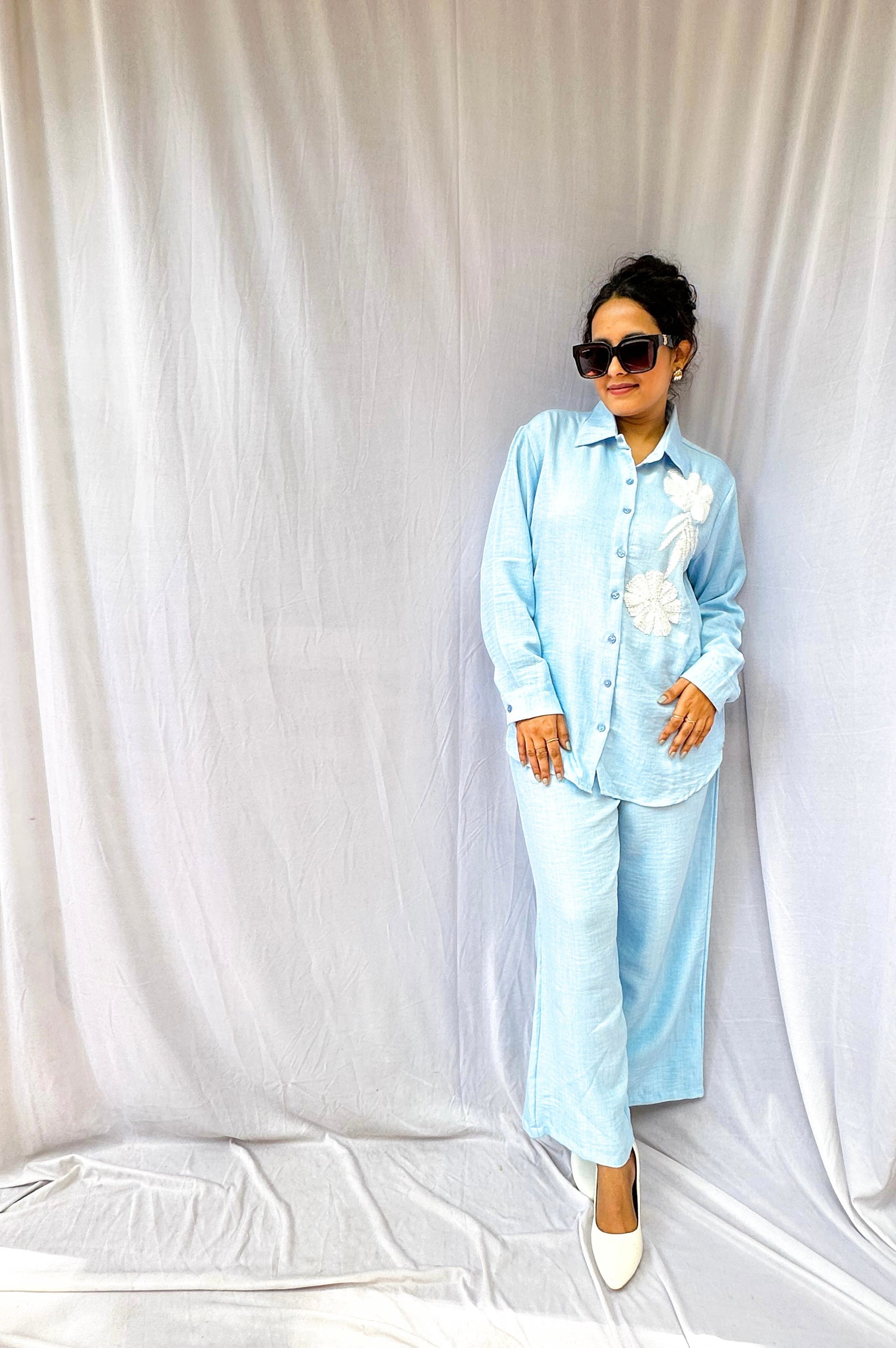 BLUE SOFT COTTON LINEN CO-ORDS WITH PATCHWORK WHITE SEQUINS EMBROIDERY BESU INDIA