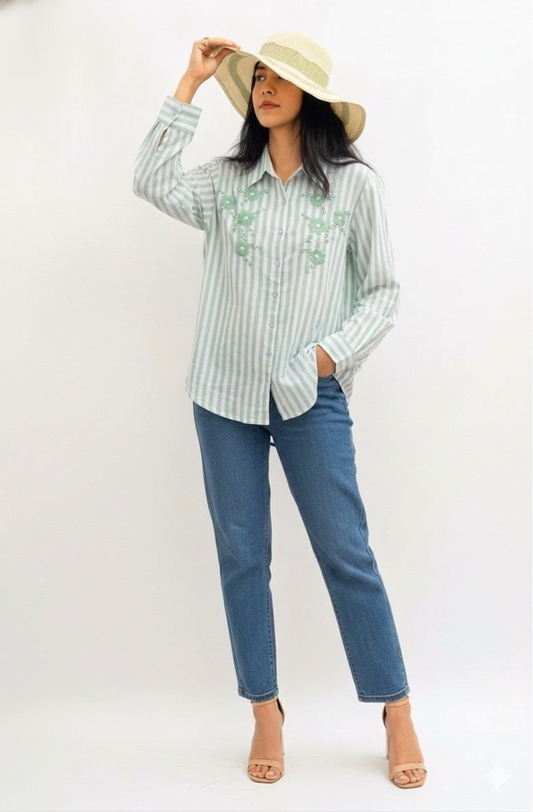 MINT GREEN STRIPED SHIRT WITH FLORAL EMBROIDERY BESU INDIA