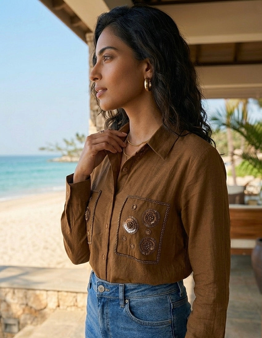 EARTHY BROWN SHIRT WITH SEQUIN DETAIL BESU INDIA