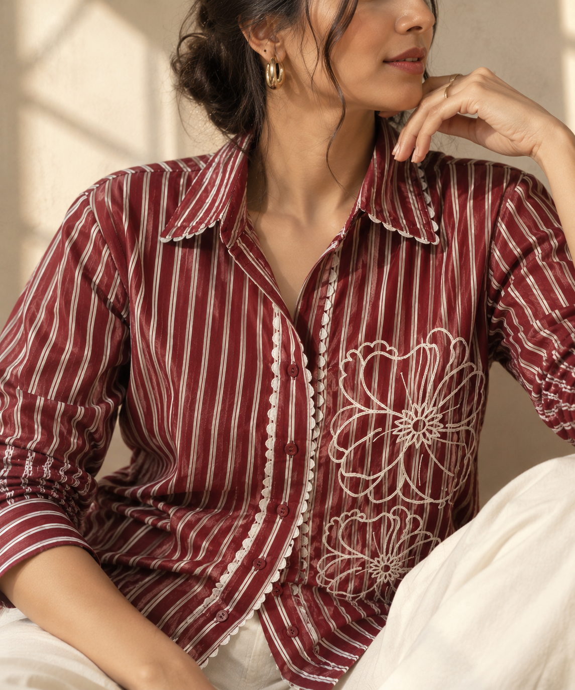 MAROON STRIPED EMBROIDERED SHIRT BESU INDIA