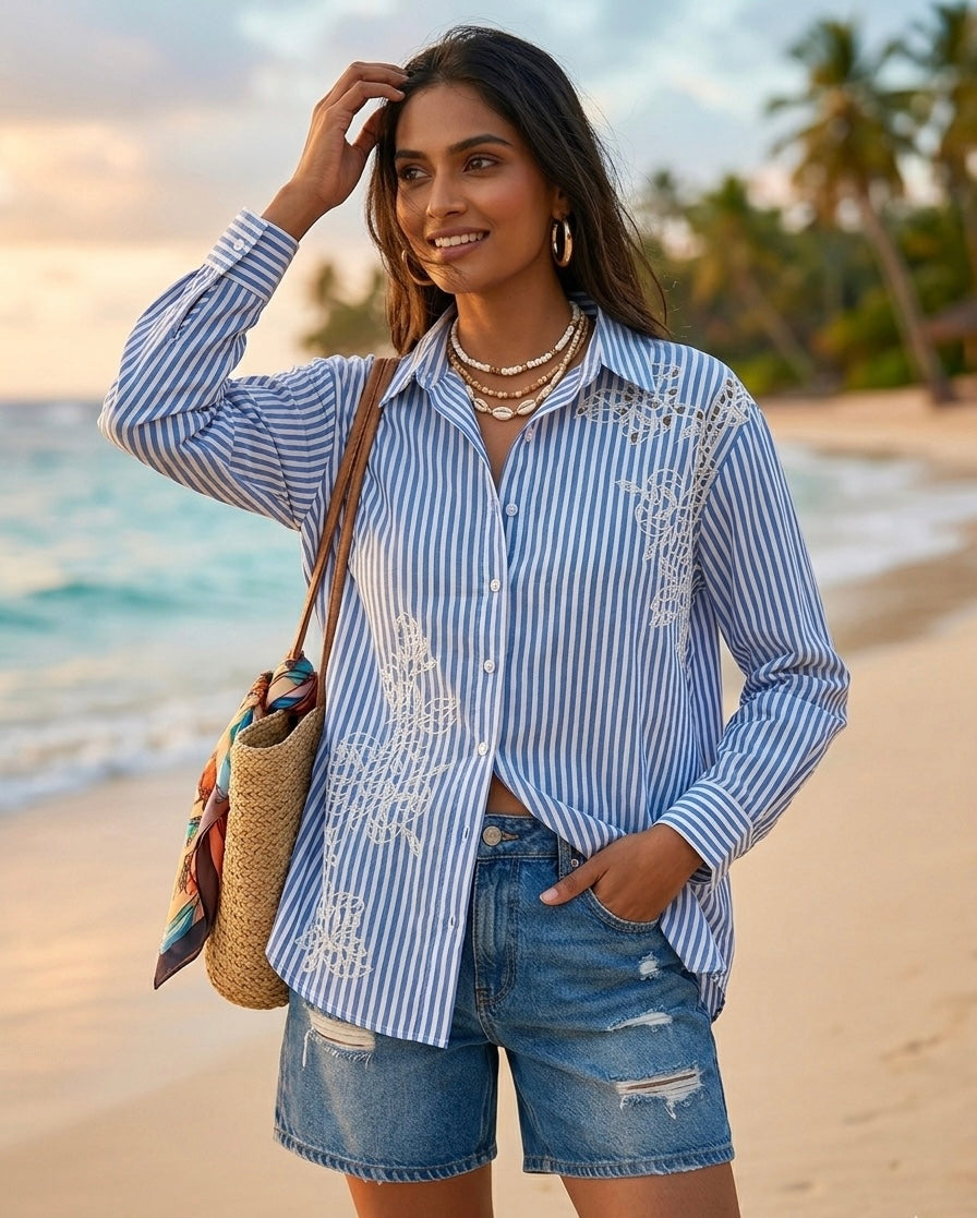 CLASSIC BLUE AND WHITE STRIPE SHIRT WITH WHITE EMBROIDERY BESU INDIA