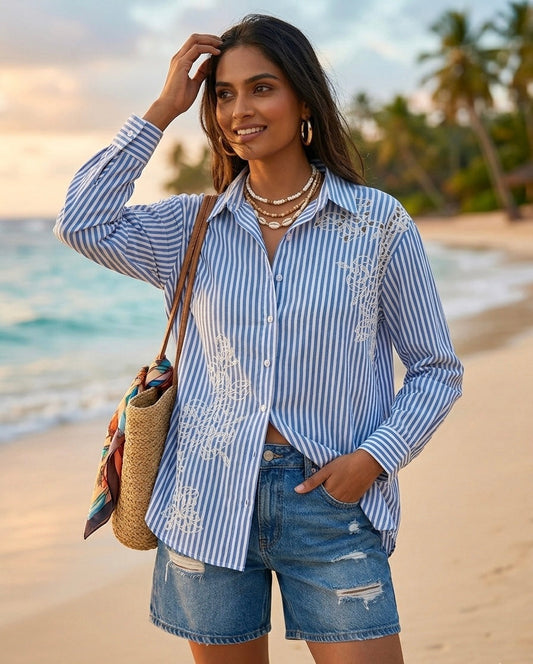 CLASSIC BLUE AND WHITE STRIPE SHIRT WITH WHITE EMBROIDERY BESU INDIA