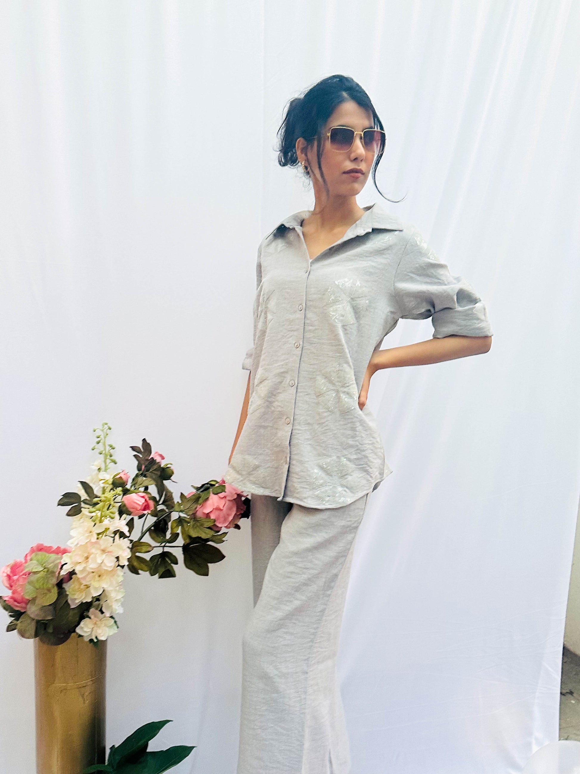 LIGHT GREY SEQUINS LINEN CO-ORD BESU INDIA