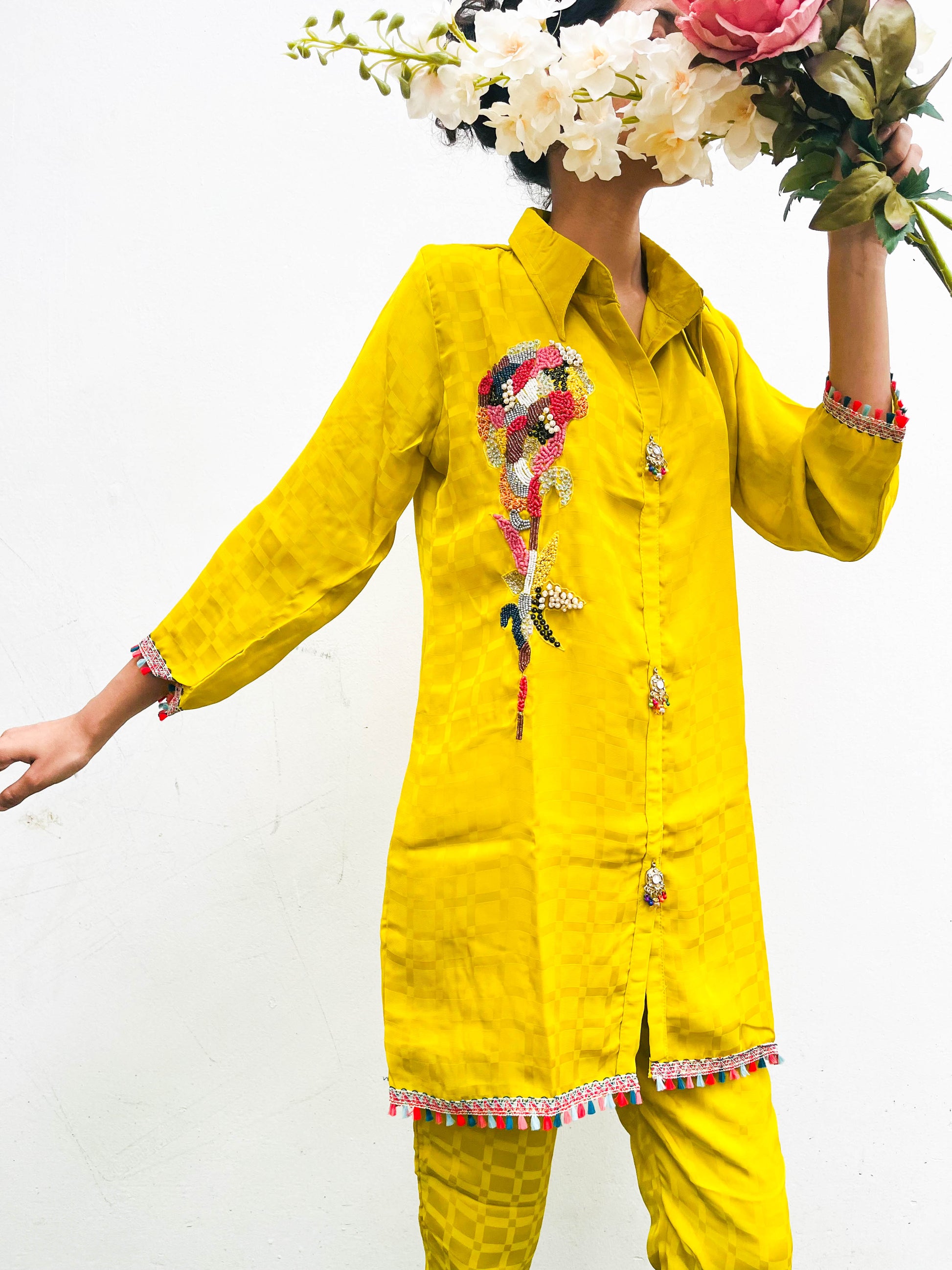 MUSTARD HAND MOTIF EMBROIDERED CREPE CO-ORD SET BESU INDIA
