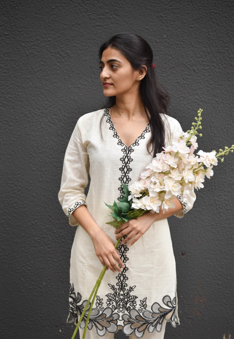 OFF WHITE COTTON KURTA SET WITH BLACK THREAD WORK AND CUT WORK BESU INDIA